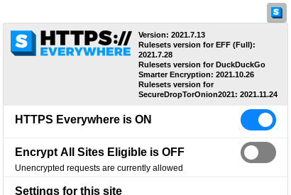 HTTPS Everywhere の設定（切り替え失敗時に非暗号化接続を許可する状態）