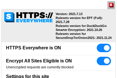 HTTPS Everywhere の設定（切り替え失敗時に非暗号化接続を停止させる状態）