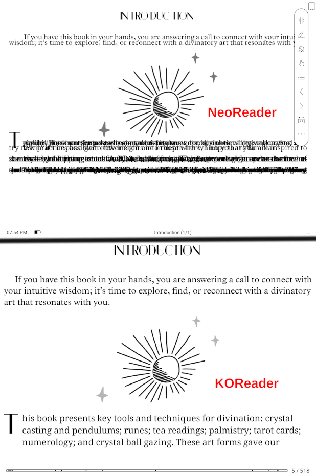 Screenshots of NeoReader and KOReader displaying the same book