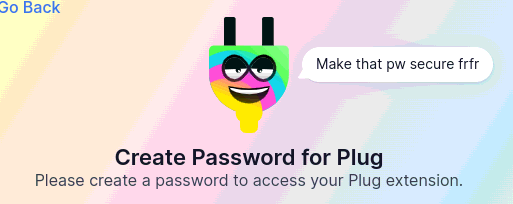 screenshot of a creepy plug mascot with the text 'create password for Plug' underneath