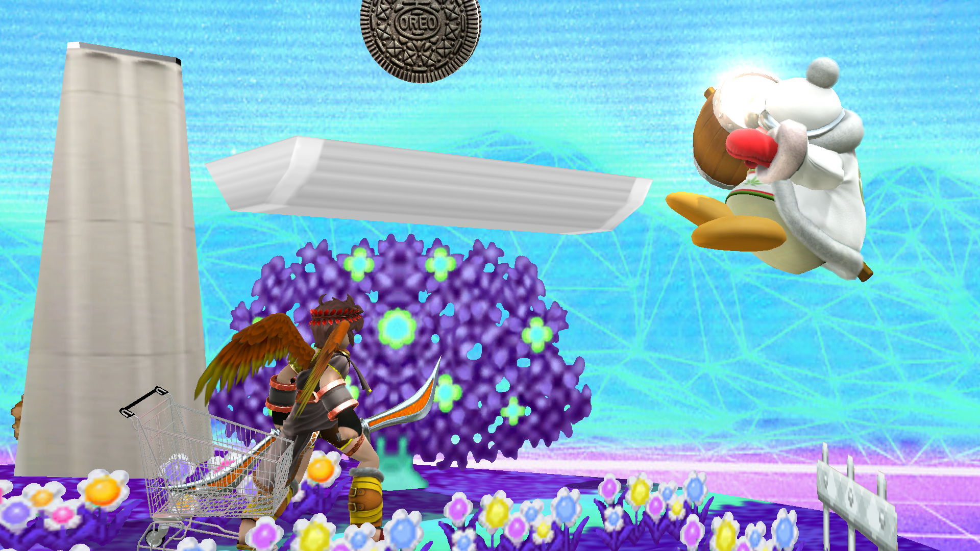An Oreo, a shopping cart, King Weedede, and my girlfriend attempt to kill each other on a vaporwave stage